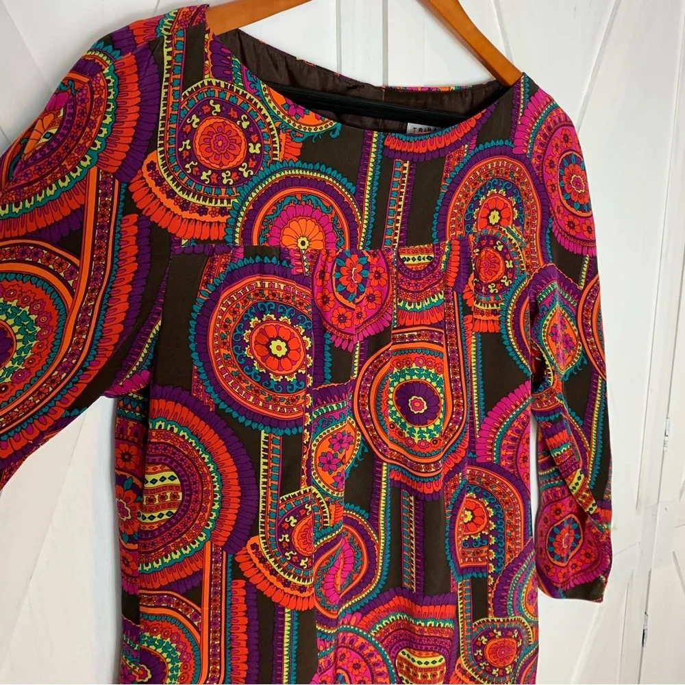 SOLD ❤️ Trina Turk Medallion Mandala 100% Silk 3/4 Length Long Sleeve Dress Sz 8 - Picture 3 of 16